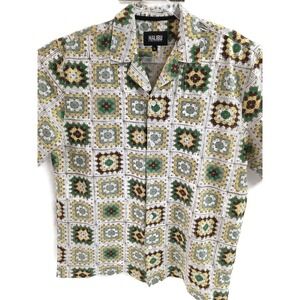 Malibu Shirt‎ Mens Large Multicolor Geometric Crochet Print Stretch Button Up